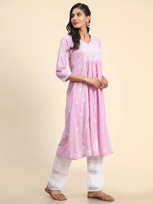 Noor Hand Embroidered Chikankari Long A-Line Kurti for Women- Lavender